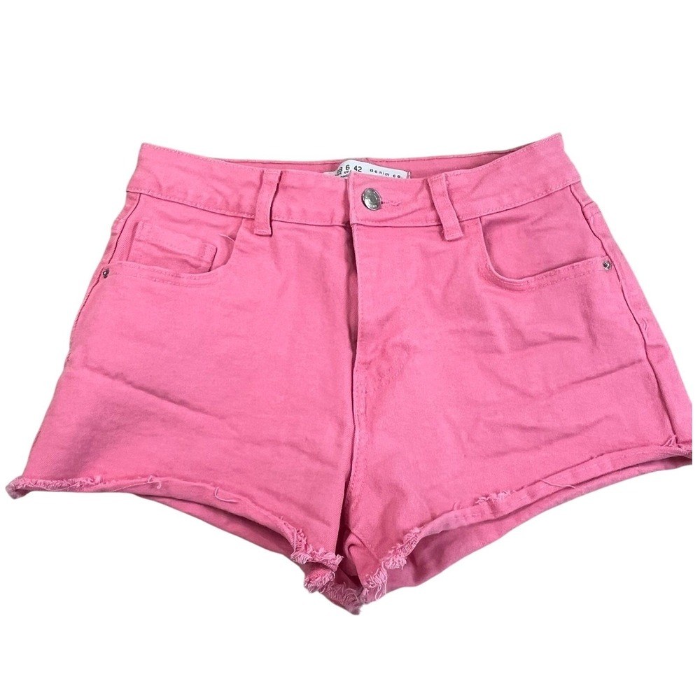 Primark Denim Co Shorts Pink High Rise Raw Hem Frayed Jean Size 6